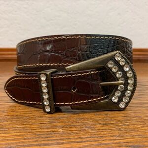 Bergē Italy Brown Black Leather Belt Bronze Tone Rhinestone Buckle Sz M 32-36"